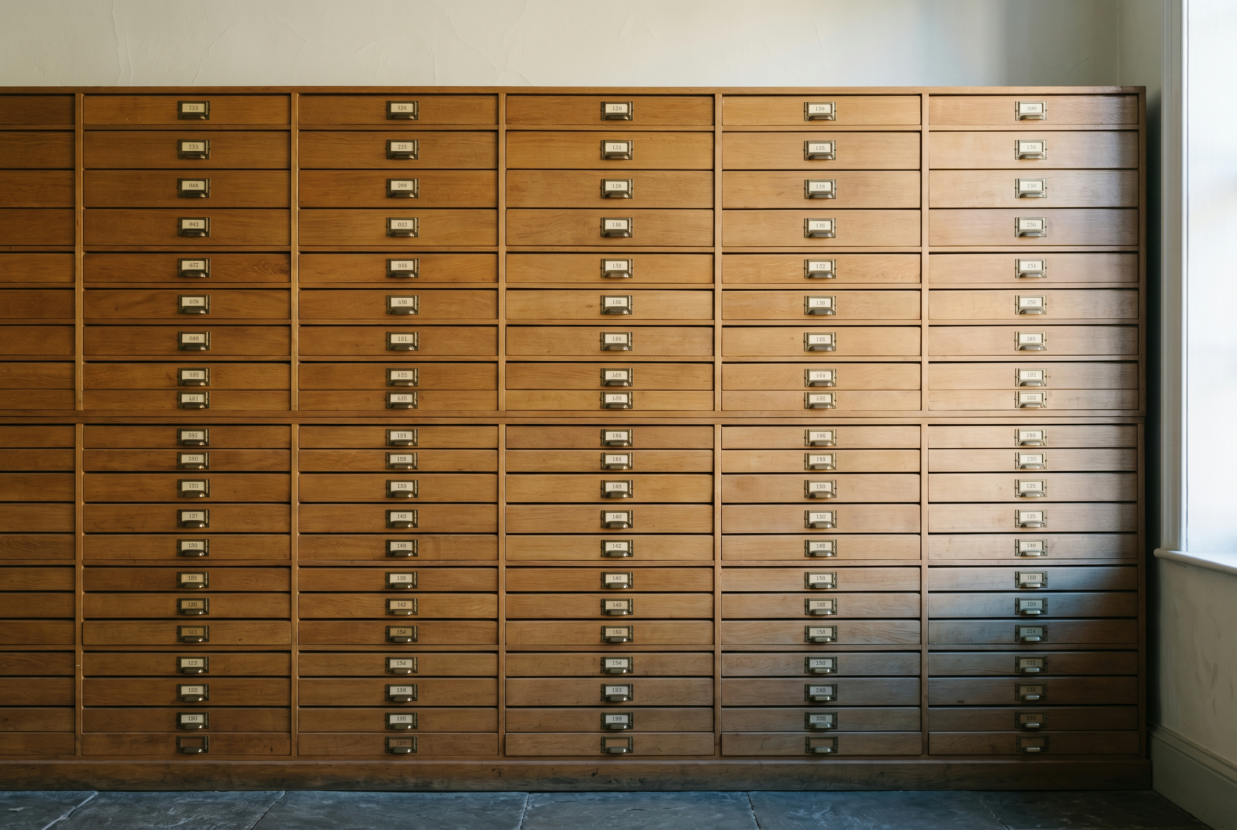 Wooden flat-file archive drawers representing organized, professional therapy practice ongoing administration and bookkeeping